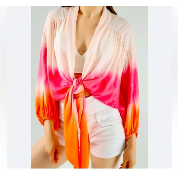 New Young Fabulous & Broke Top M Multi CARMEN OMBRE KIMONO SLEEVE TIE FRONT - Picture 1 of 7